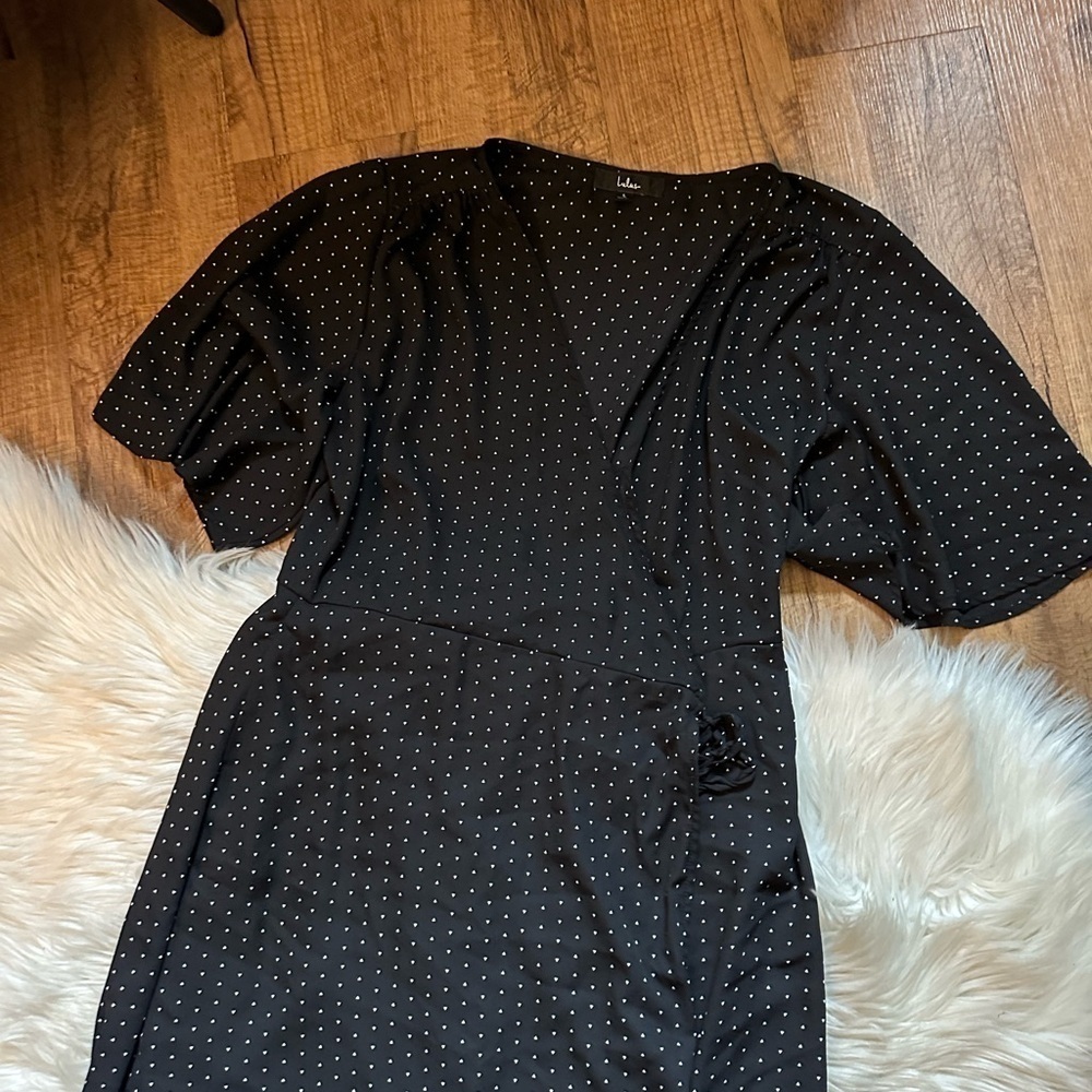 Lulu's Black Polka Dot Wrap Midi Dress - Picture 4 of 5